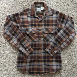 Vintage Five Brother Brown Orange Plaid Button Down Flannel Shirt Men's Size M
